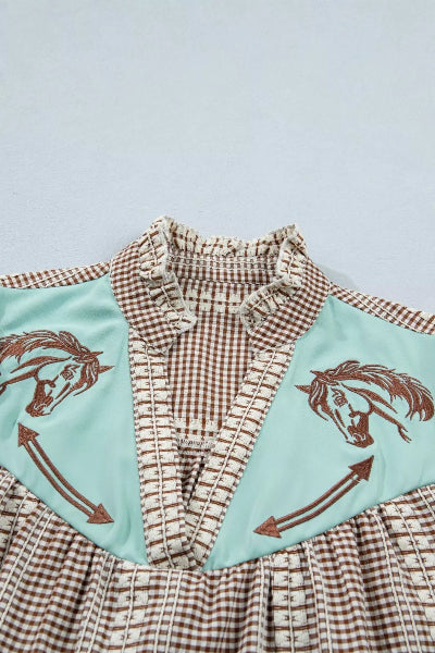 Western Pony Embroidered Yoke Puff Sleeve Gingham Blouse - Cowtown Bling N Things