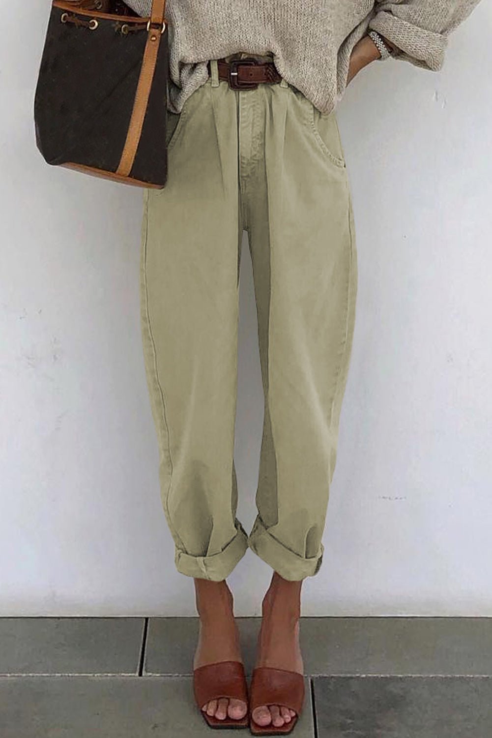 White Solid Casual High Waist Straight Leg Pants - Cowtown Bling N Things