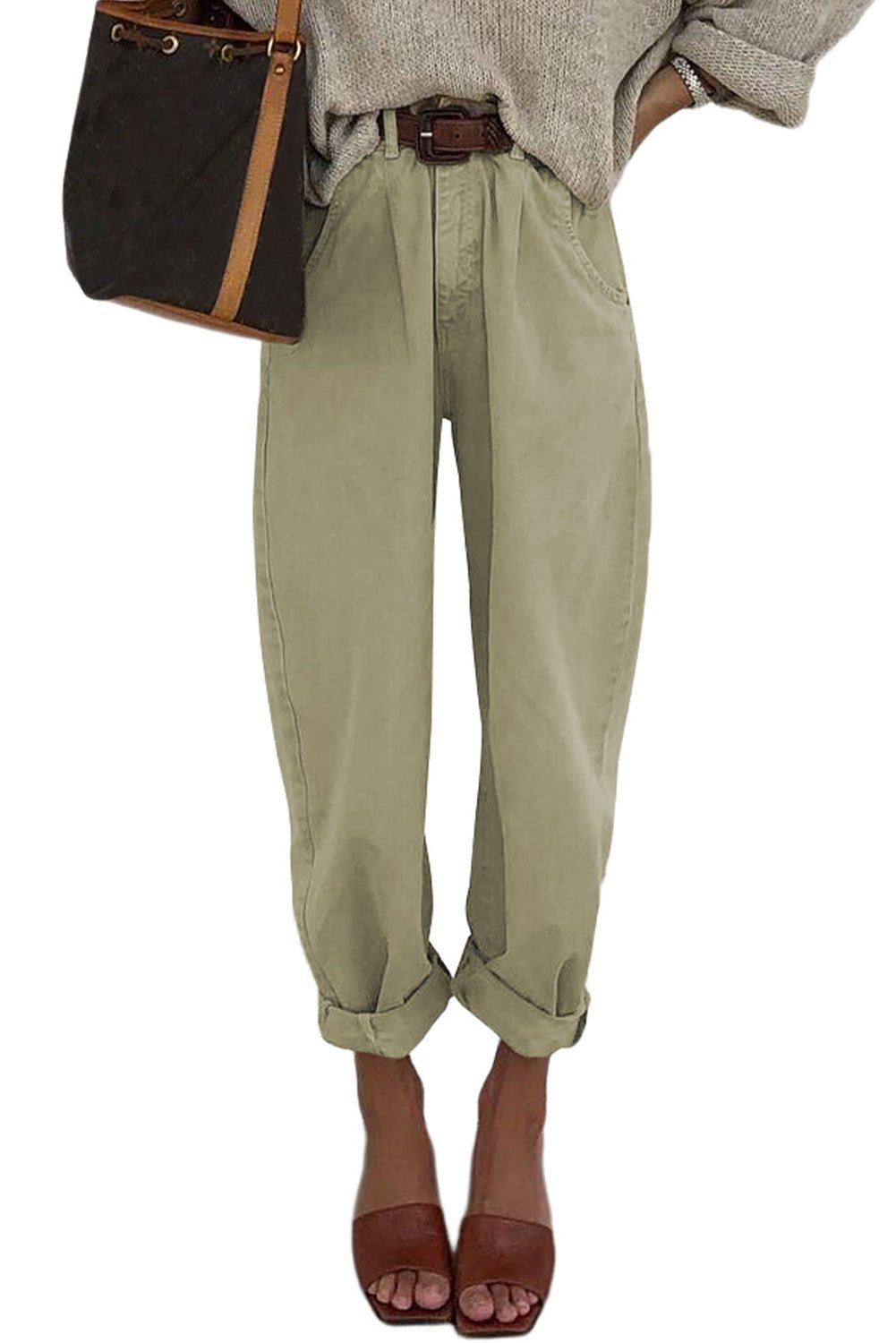 White Solid Casual High Waist Straight Leg Pants - Cowtown Bling N Things