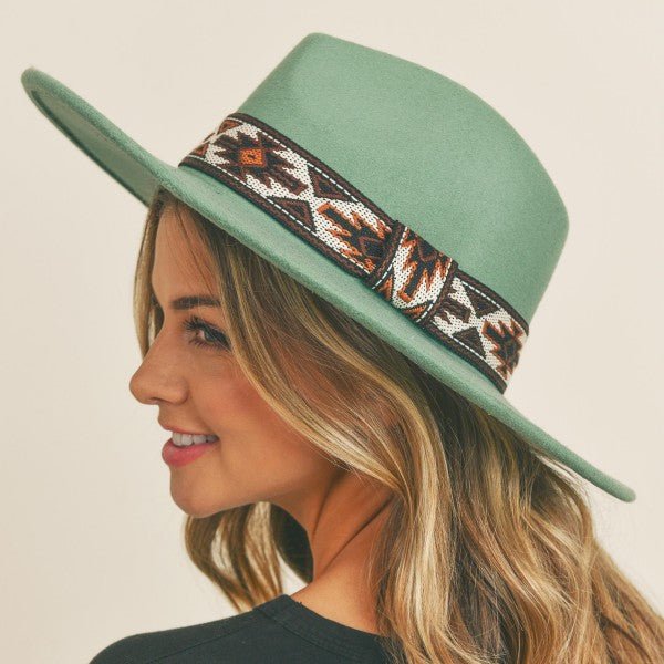 Wide Brim Vegan Felt Hat with Aztec Band - Cowtown Bling N Things