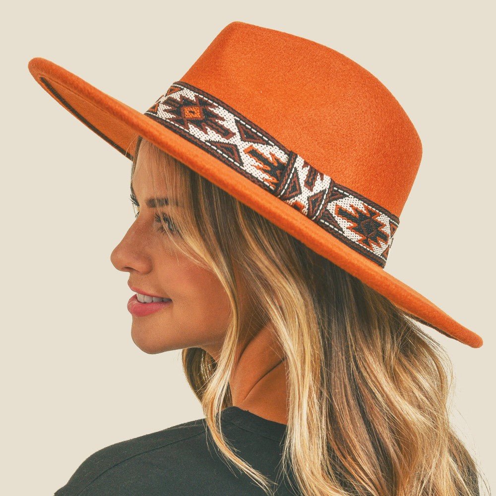 Wide Brim Vegan Felt Hat with Aztec Band - Cowtown Bling N Things