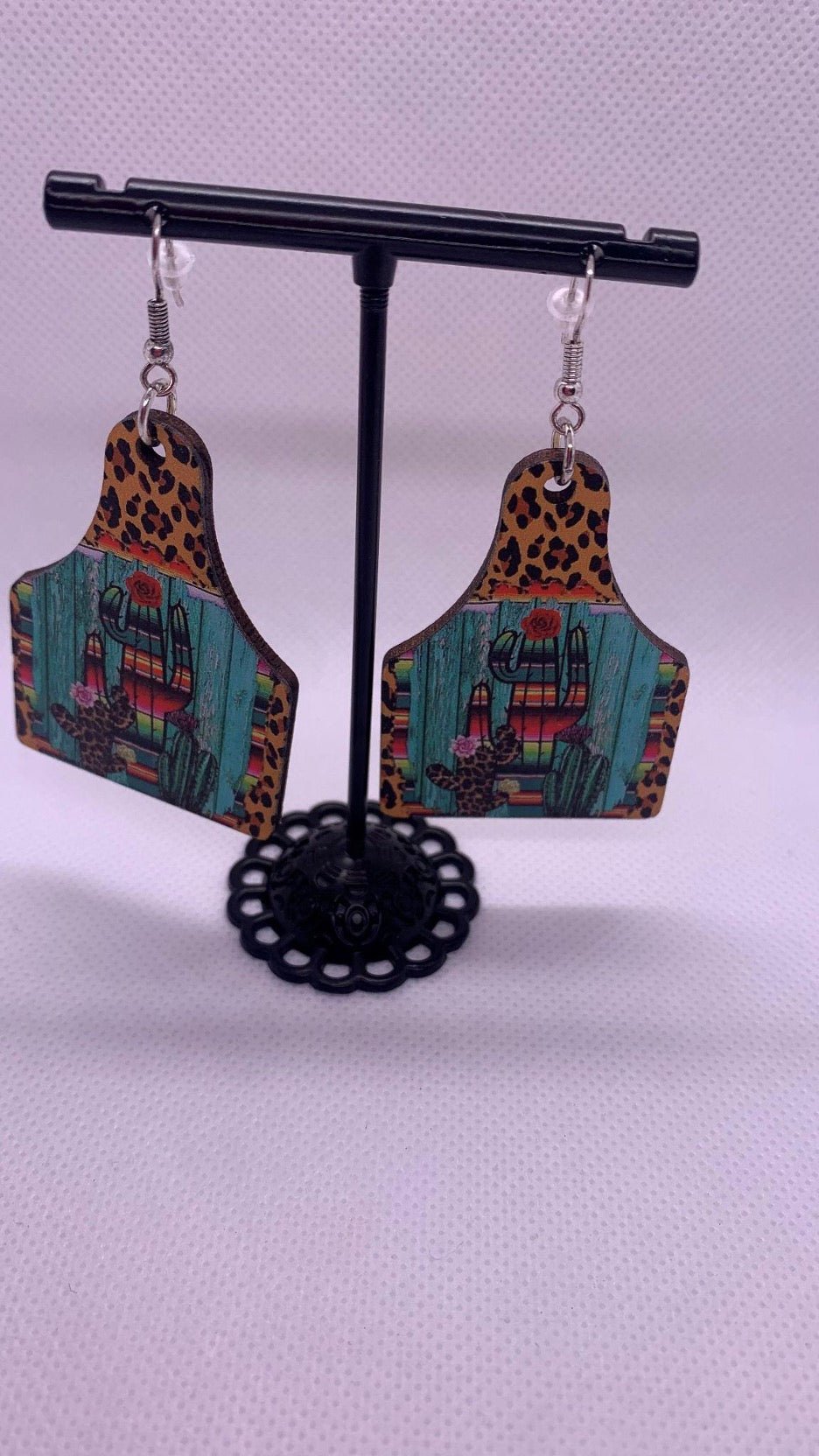 Wood Cow Tag Cactus Scene Earrings - Cowtown Bling N Things