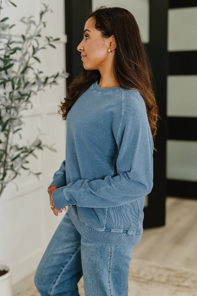 Zenana Daily Ease Mineral Wash Pullover in Dusty Blue - Cowtown Bling N Things
