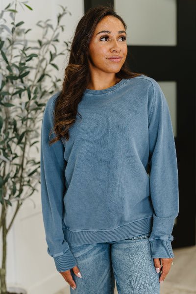 Zenana Daily Ease Mineral Wash Pullover in Dusty Blue - Cowtown Bling N Things