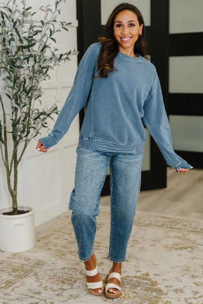 Zenana Daily Ease Mineral Wash Pullover in Dusty Blue - Cowtown Bling N Things