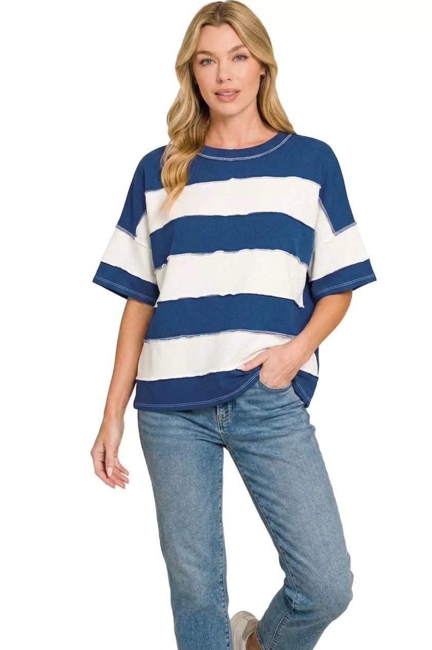 Zenana French Terry Striped Exposed Seam Top - Cowtown Bling N Things