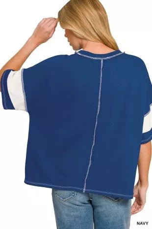 Zenana French Terry Striped Exposed Seam Top - Cowtown Bling N Things