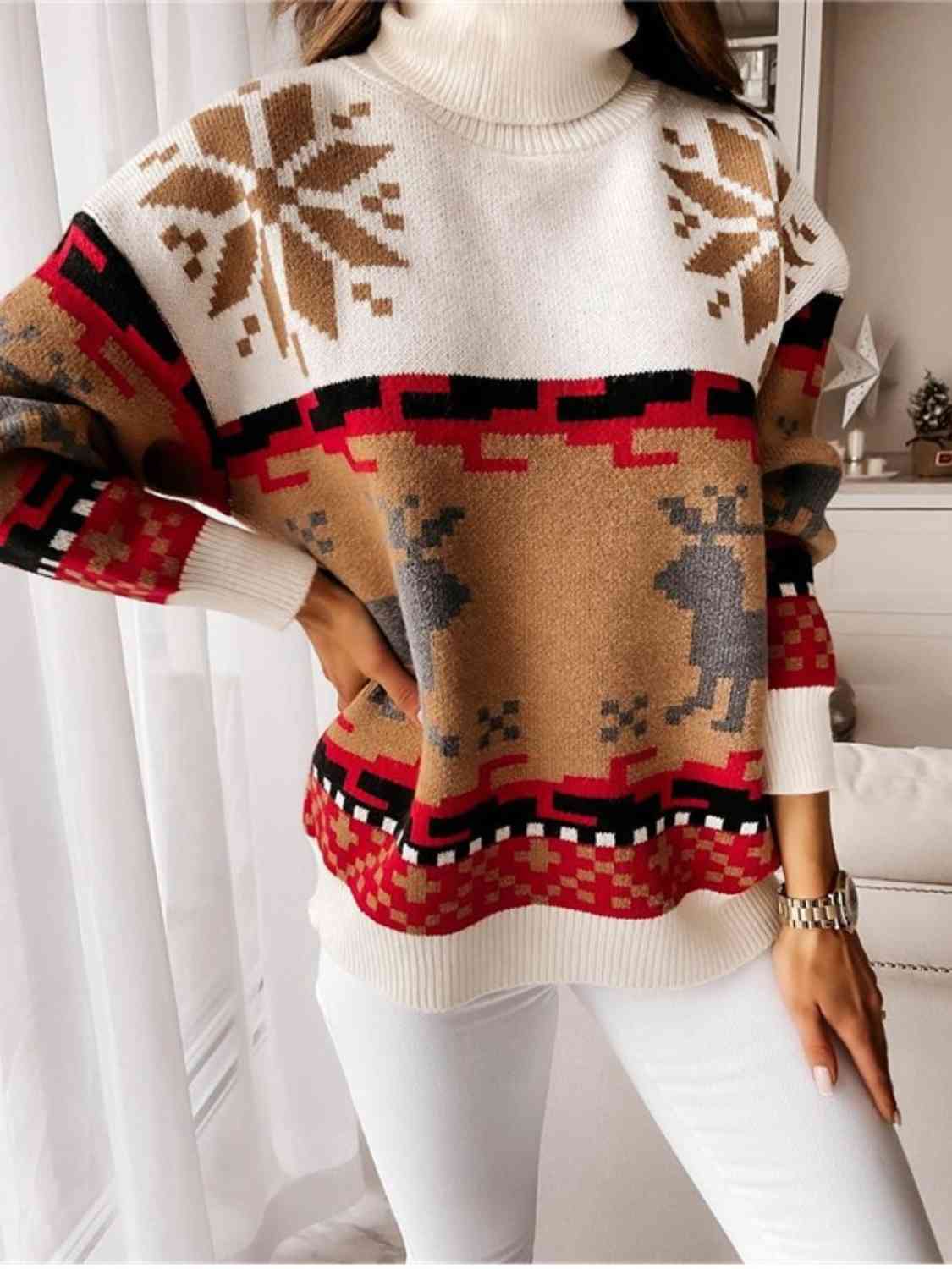 Reindeer Turtleneck Drop Shoulder Sweater - Cowtown Bling N Things