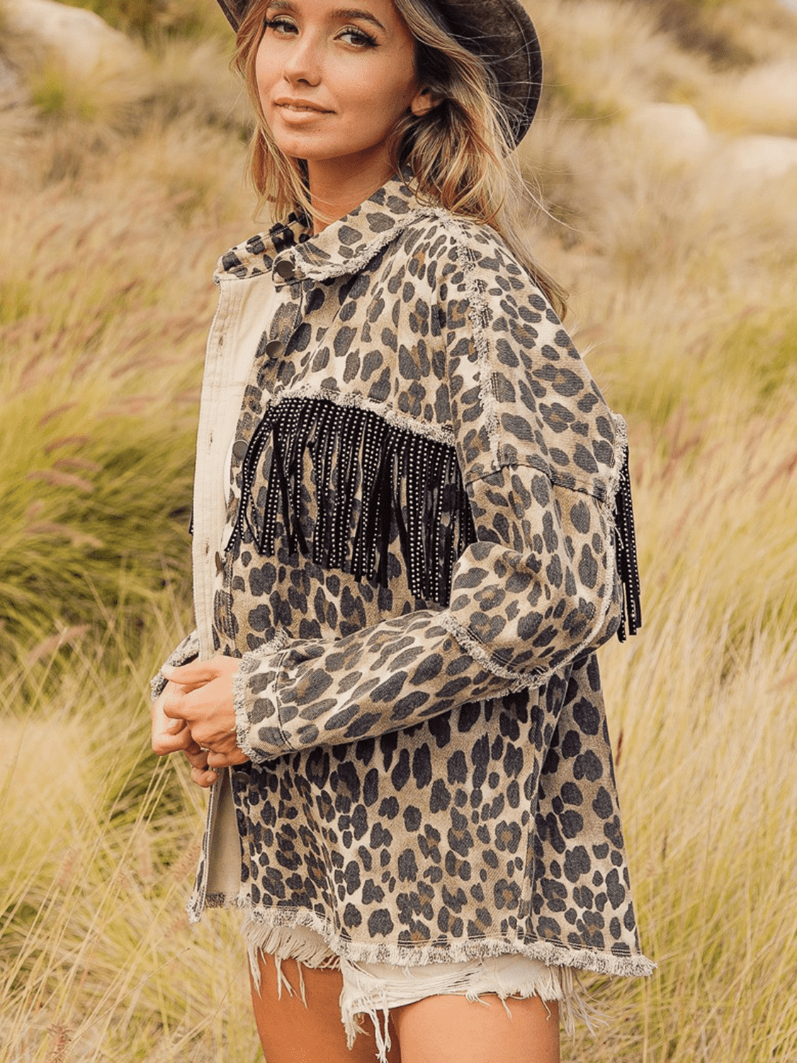 Leopard Fringe Detail Collared Neck Denim Jacket - Cowtown Bling N Things