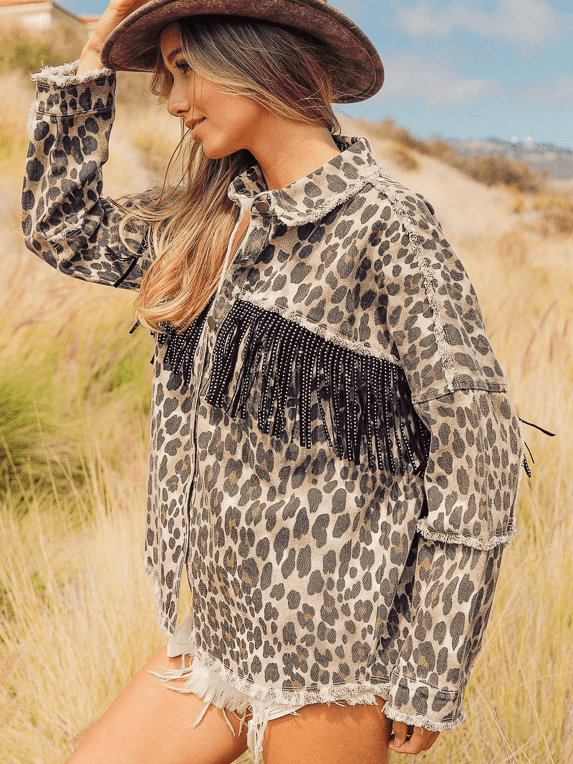 Leopard Fringe Detail Collared Neck Denim Jacket - Cowtown Bling N Things