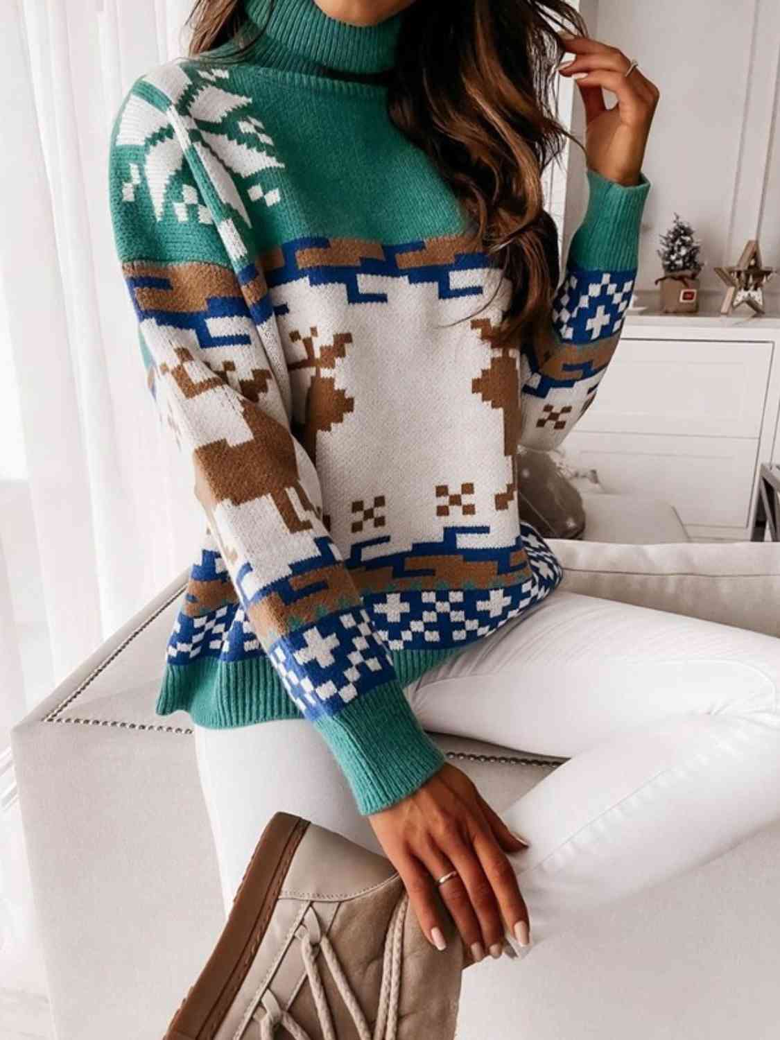 Reindeer Turtleneck Drop Shoulder Sweater - Cowtown Bling N Things