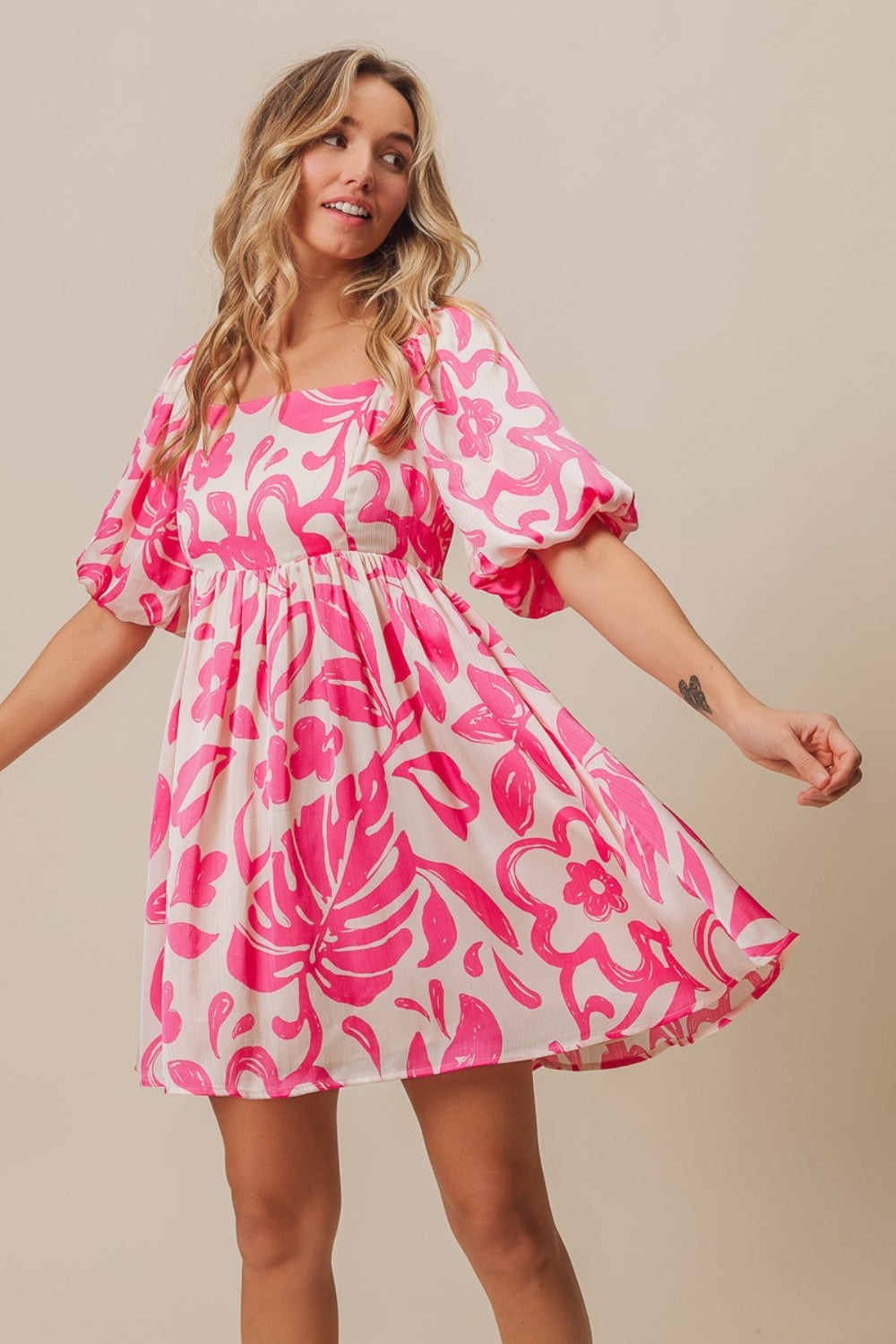 BiBi Tropical Floral Pattern Puff Sleeve Square Neck Dress - Cowtown Bling N Things