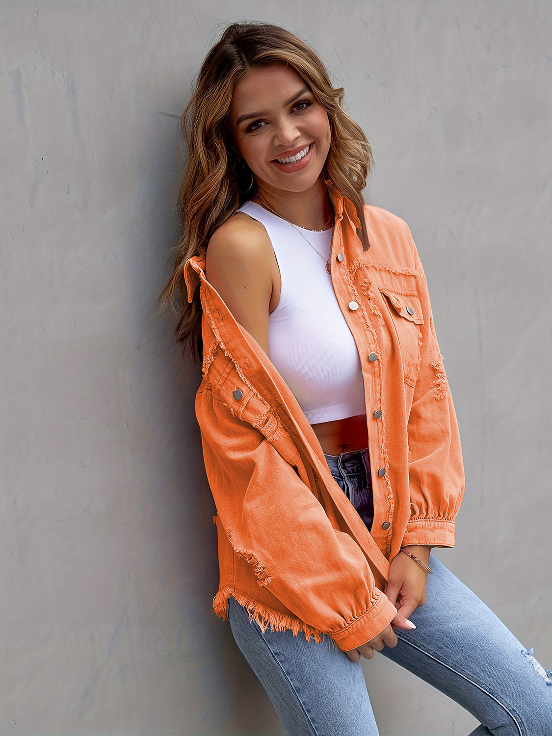 Distressed Drop Shoulder Denim Jacket - Cowtown Bling N Things