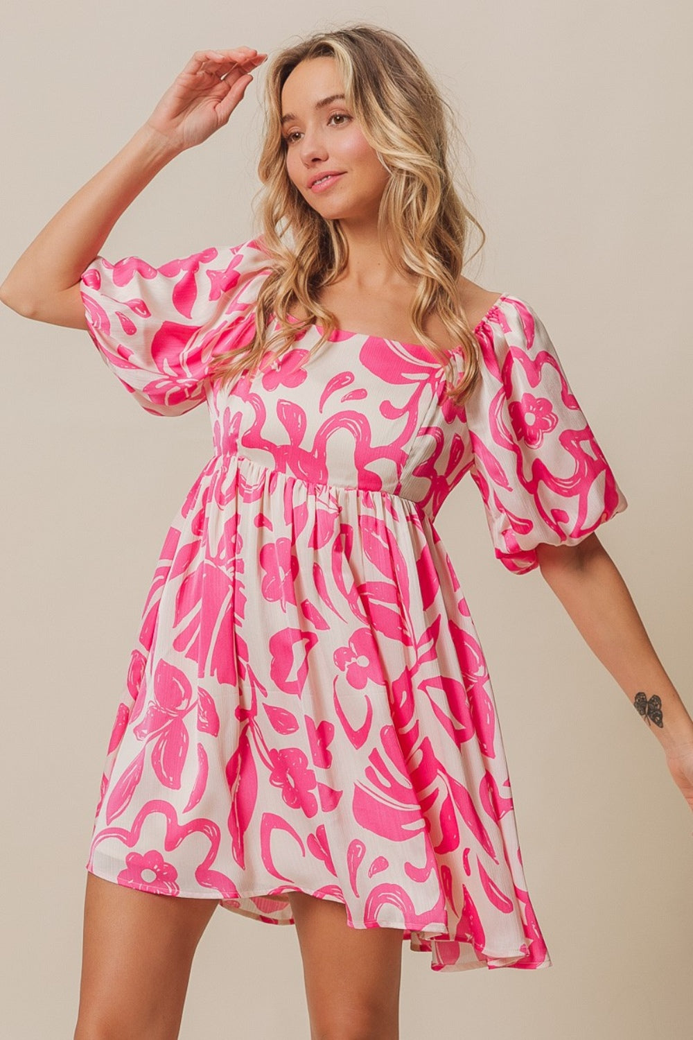 BiBi Tropical Floral Pattern Puff Sleeve Square Neck Dress - Cowtown Bling N Things