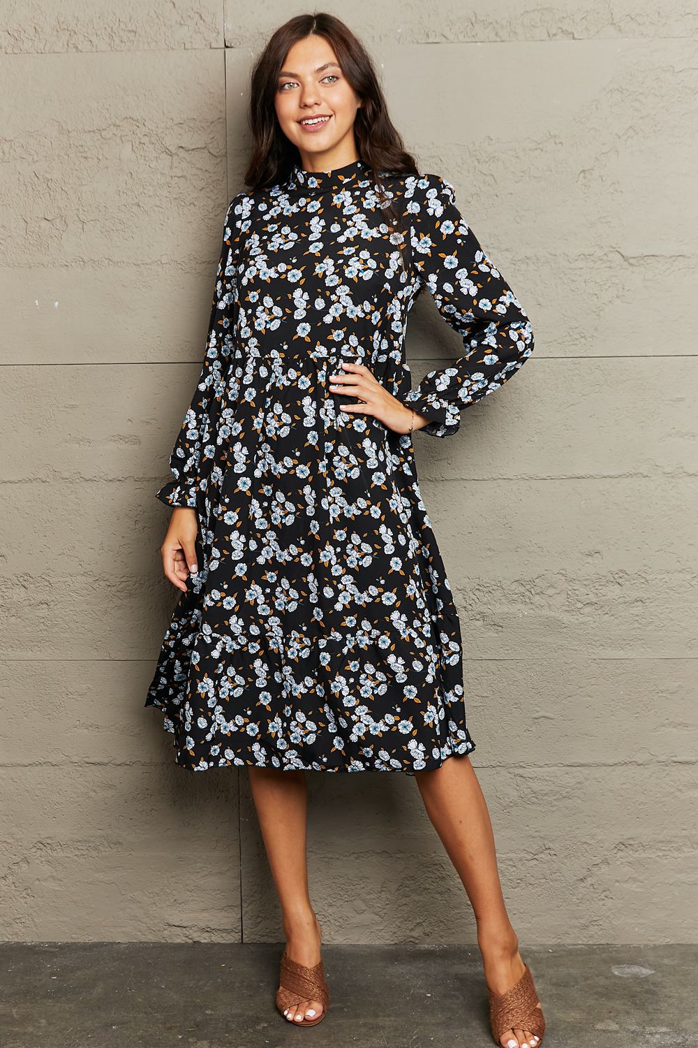 Printed Round Neck Flounce Sleeve Dress - Cowtown Bling N Things