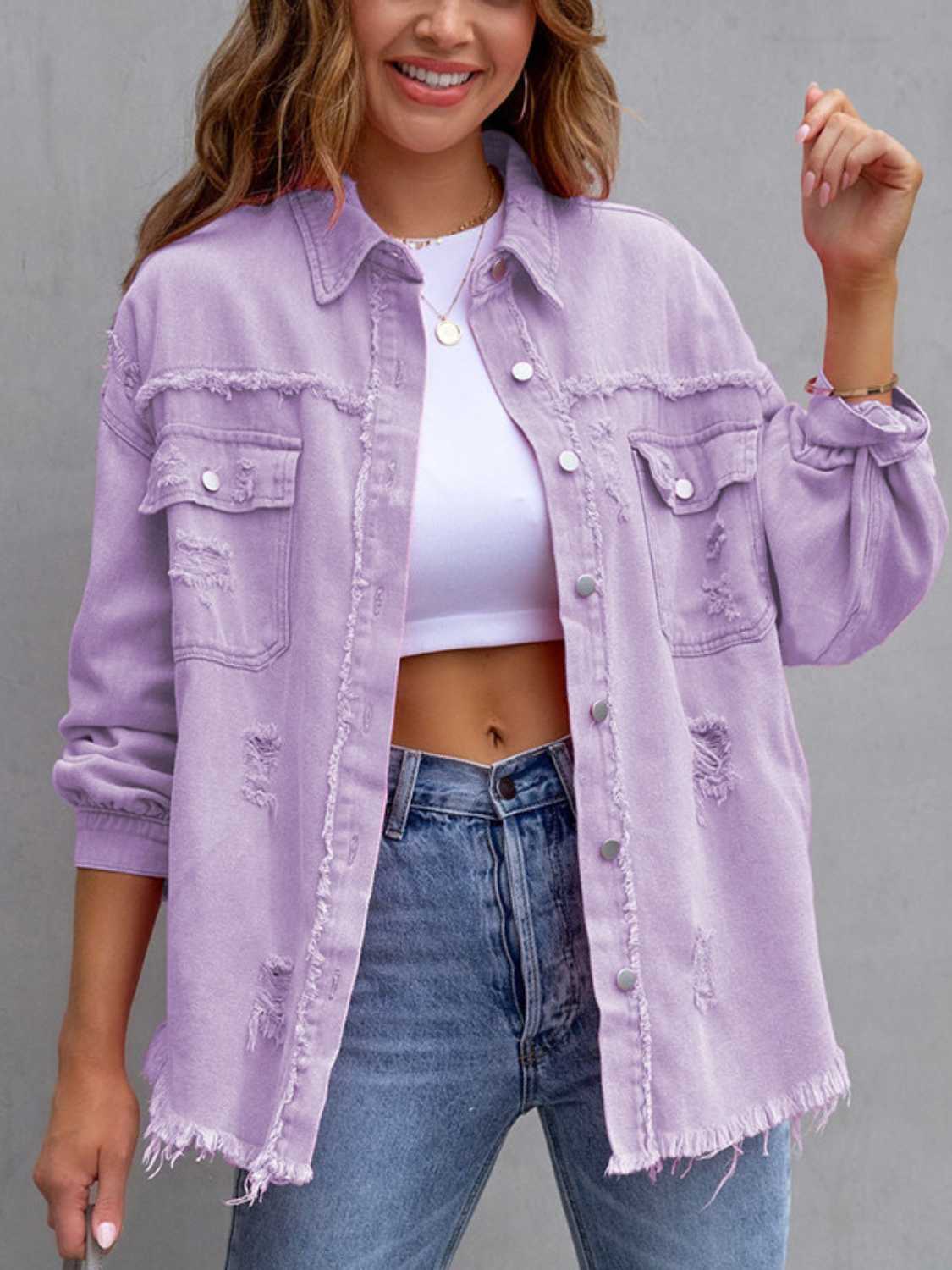 Distressed Drop Shoulder Denim Jacket - Cowtown Bling N Things