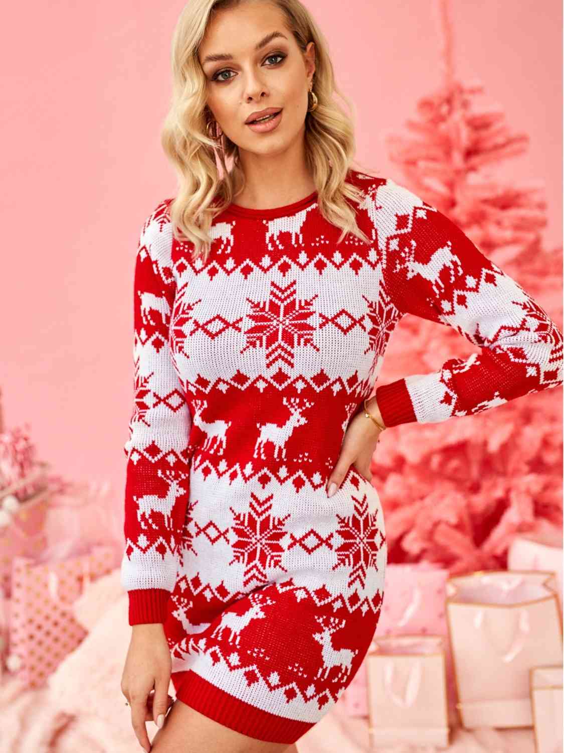 Reindeer & Snowflake Round Neck Sweater Dress - Cowtown Bling N Things