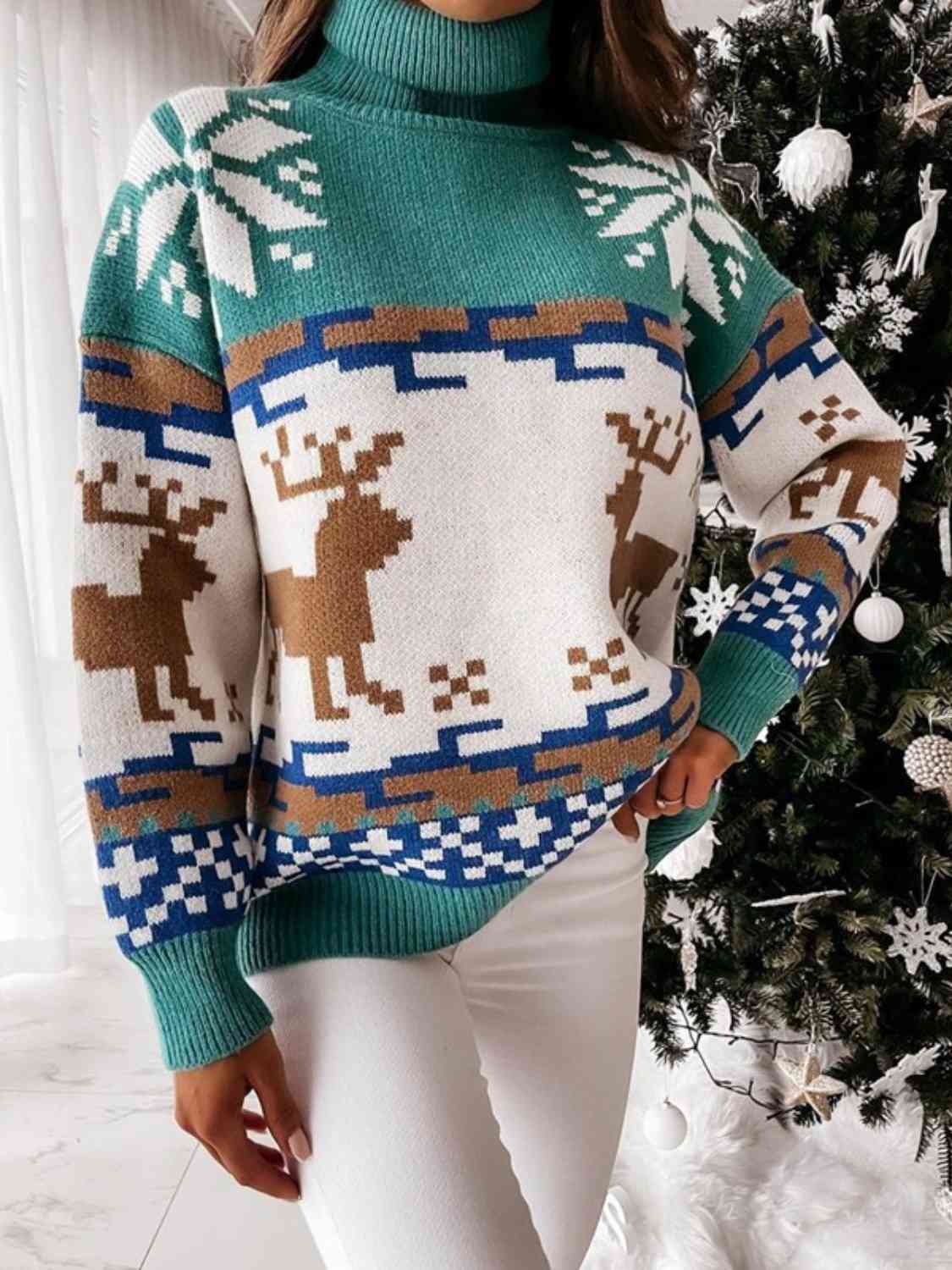 Reindeer Turtleneck Drop Shoulder Sweater - Cowtown Bling N Things