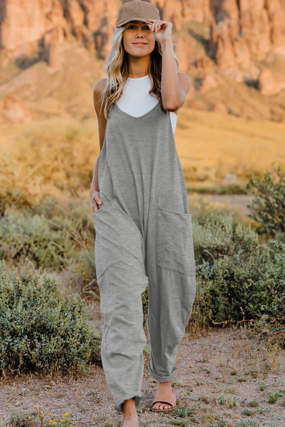 V-Neck Sleeveless Jumpsuit with Pocket - Cowtown Bling N Things