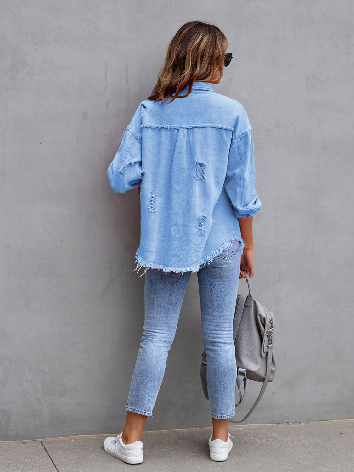 Distressed Drop Shoulder Denim Jacket - Cowtown Bling N Things