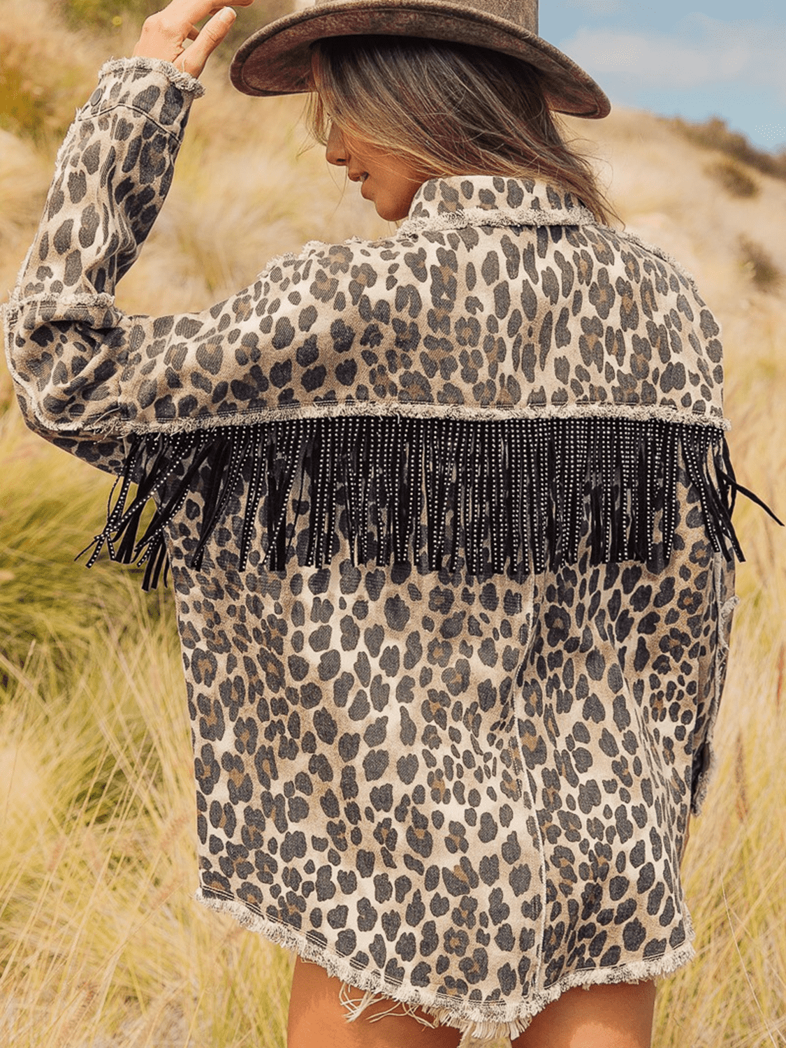 Leopard Fringe Detail Collared Neck Denim Jacket - Cowtown Bling N Things