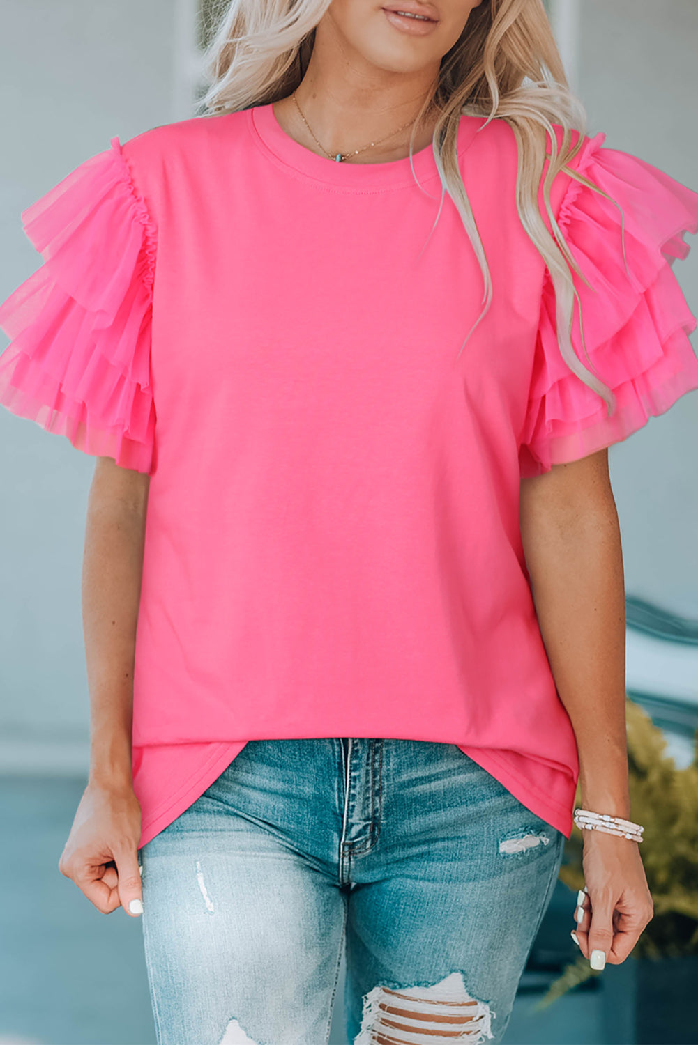 Layered Mesh Sleeve Round Neck Tee - Cowtown Bling N Things