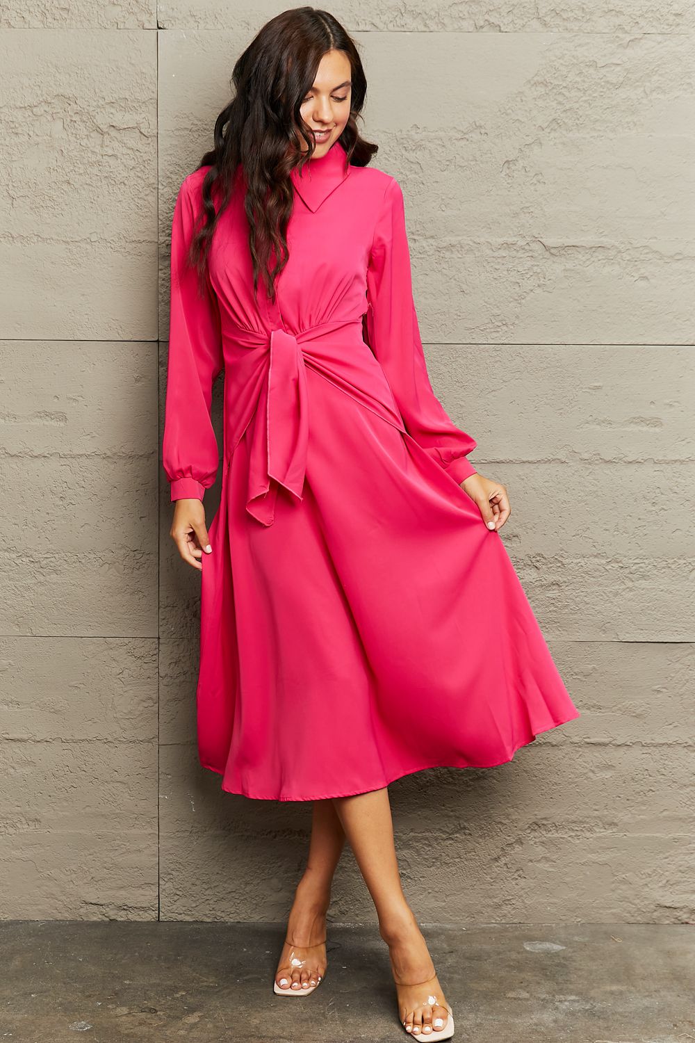 Collared Neck Long Sleeve Twisted Midi Dress - Cowtown Bling N Things