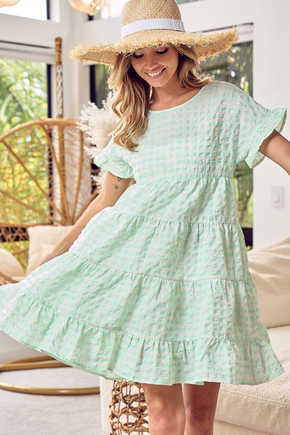 BiBi Ruffled Hem Short Sleeve Tiered Dress - Cowtown Bling N Things