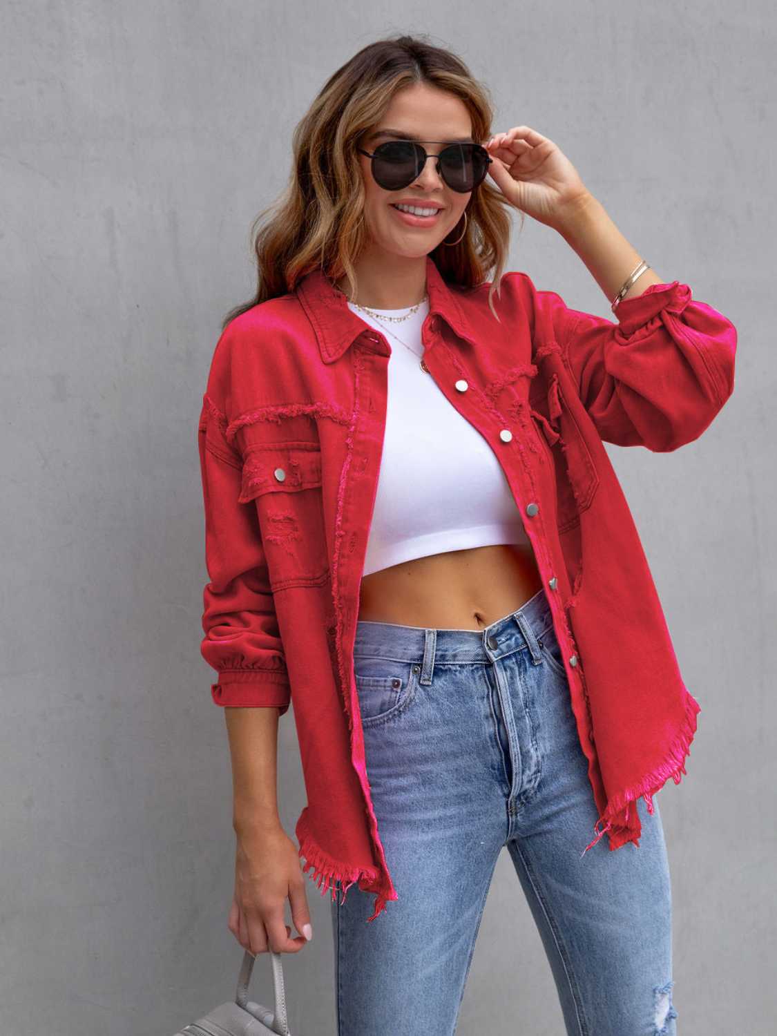 Distressed Drop Shoulder Denim Jacket - Cowtown Bling N Things