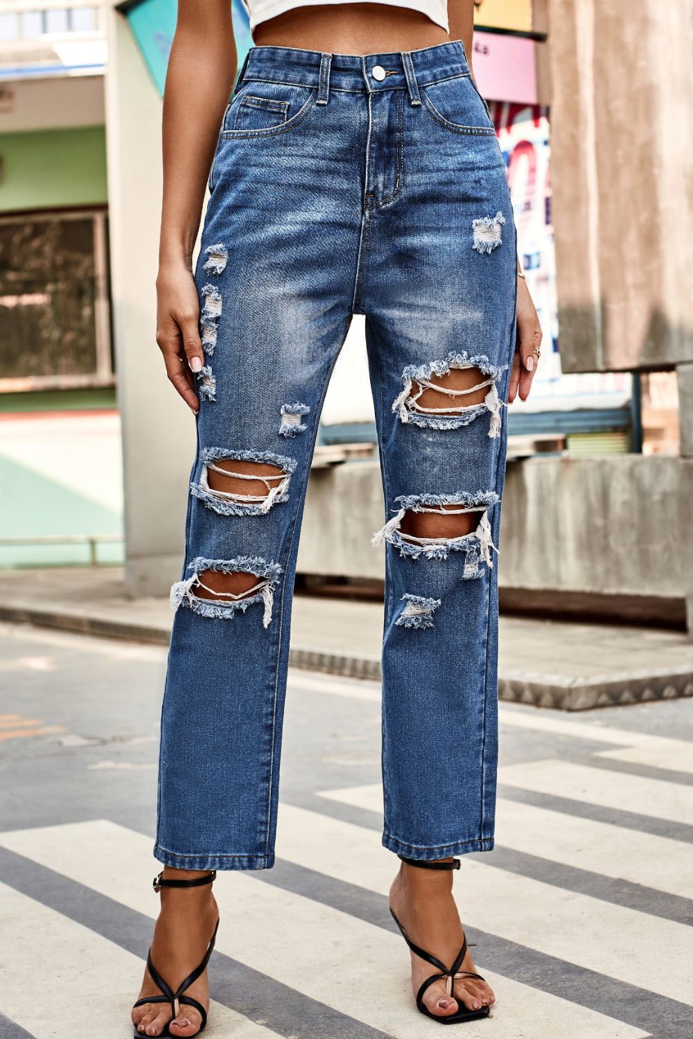 Distressed Buttoned Jeans with Pockets - Cowtown Bling N Things