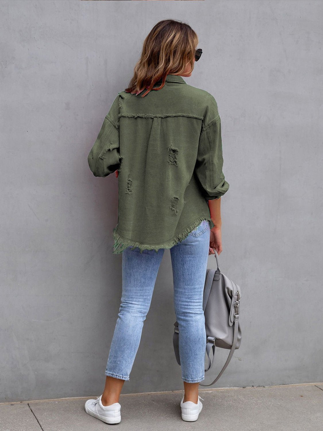 Distressed Drop Shoulder Denim Jacket - Cowtown Bling N Things