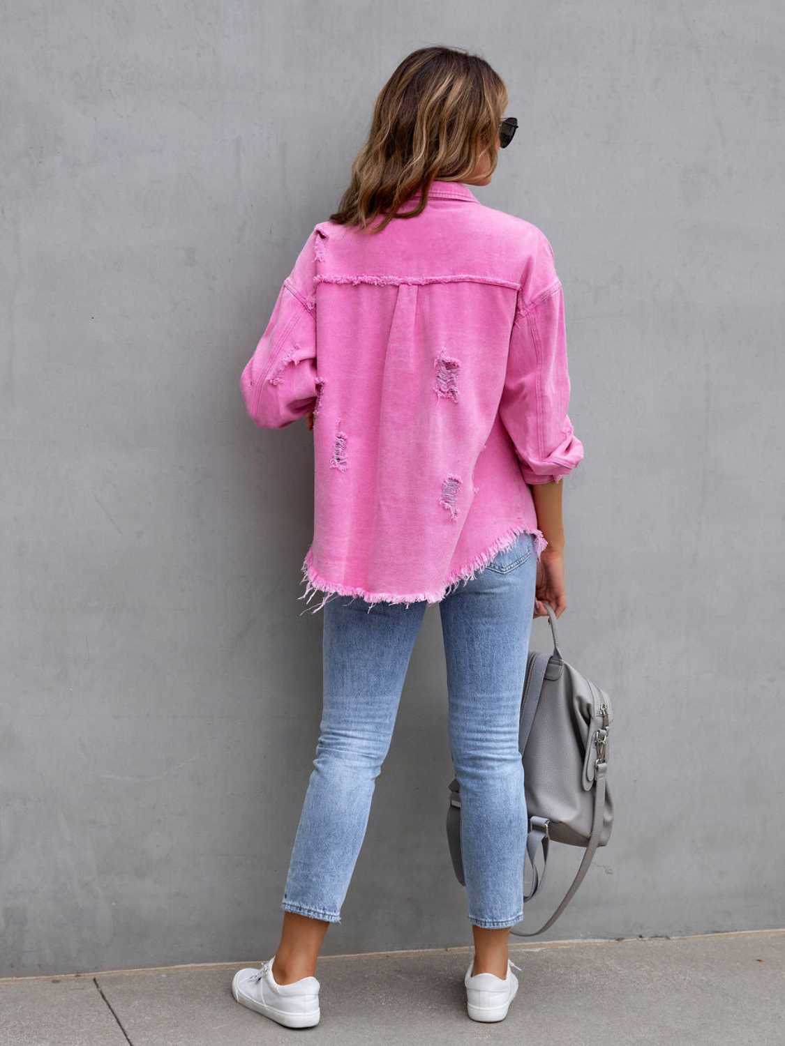 Distressed Drop Shoulder Denim Jacket - Cowtown Bling N Things