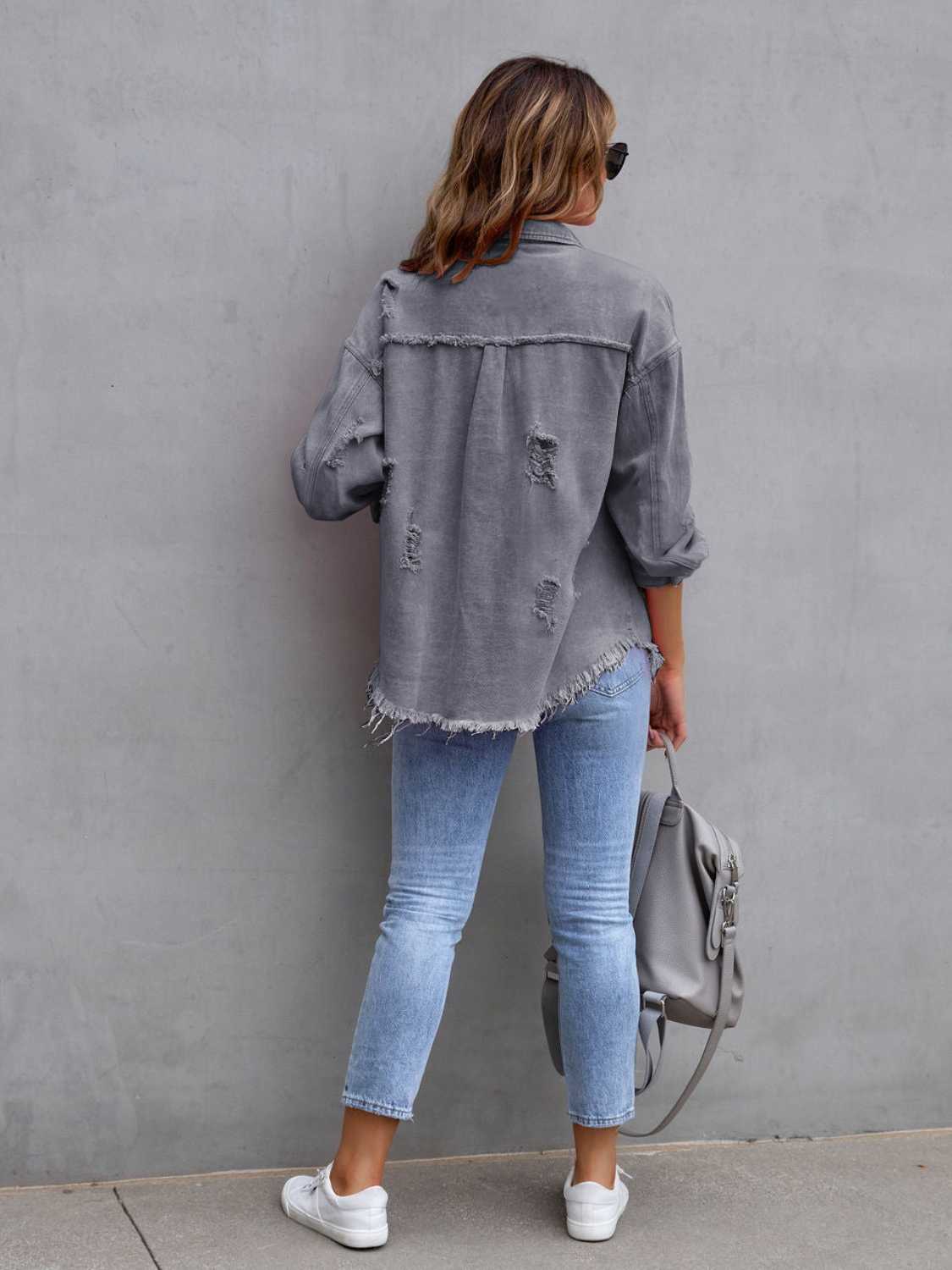 Distressed Drop Shoulder Denim Jacket - Cowtown Bling N Things
