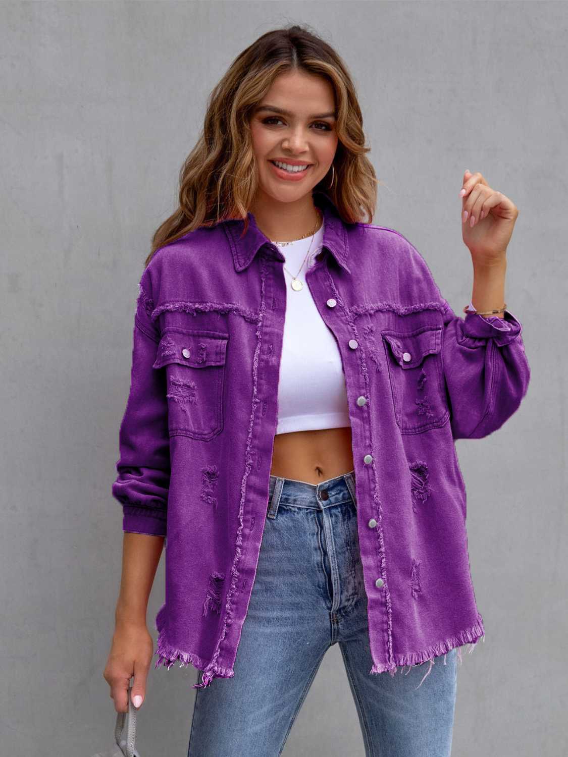 Distressed Drop Shoulder Denim Jacket - Cowtown Bling N Things