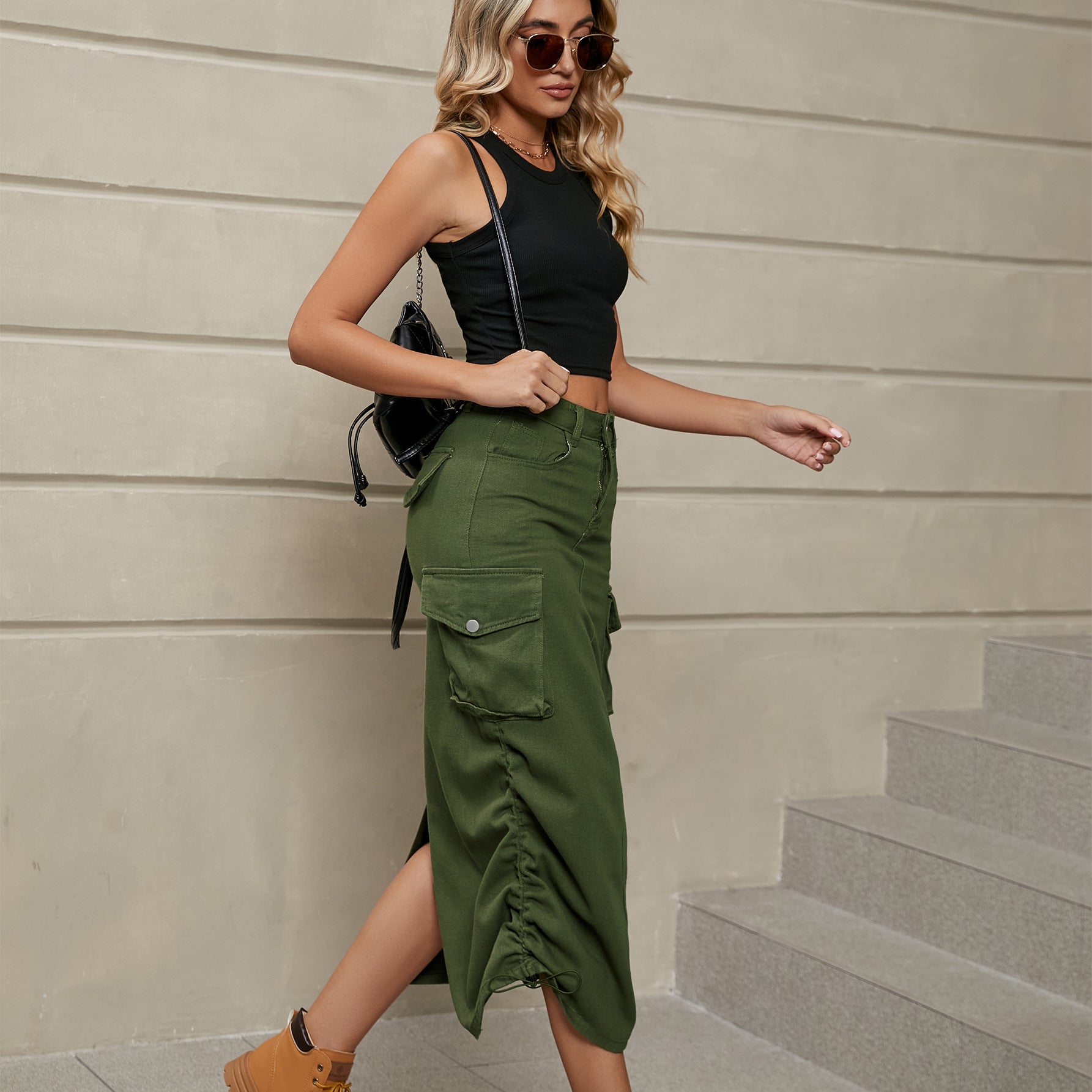 Drawstring Ruched Slit Denim Midi Skirt - Cowtown Bling N Things