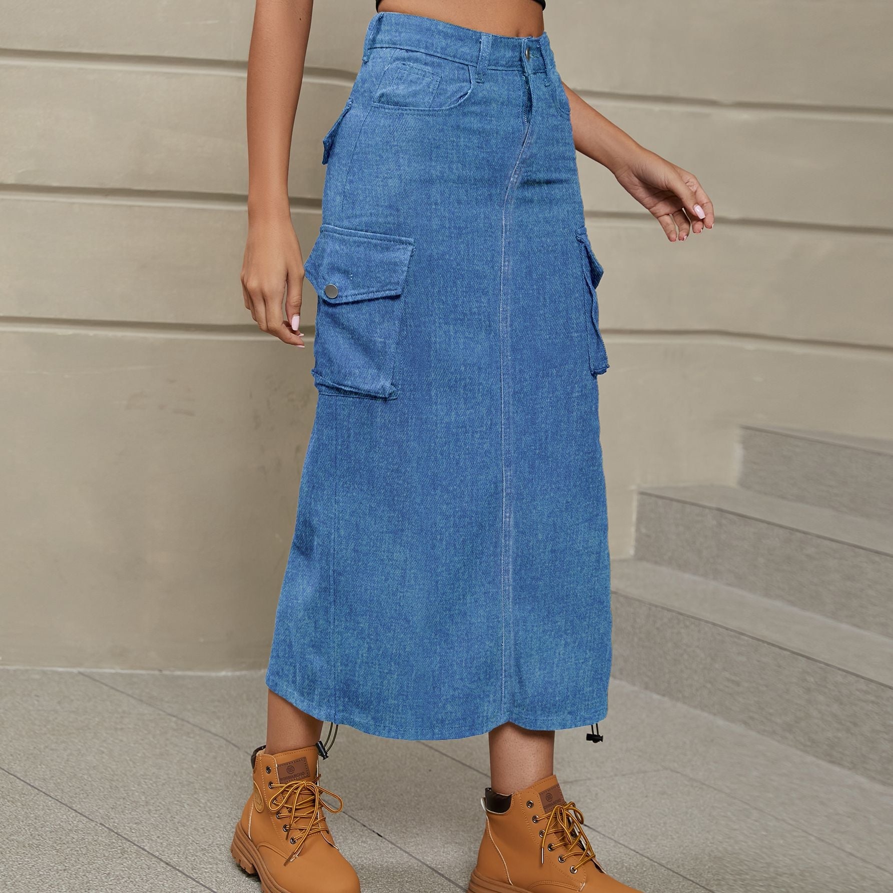 Drawstring Ruched Slit Denim Midi Skirt - Cowtown Bling N Things