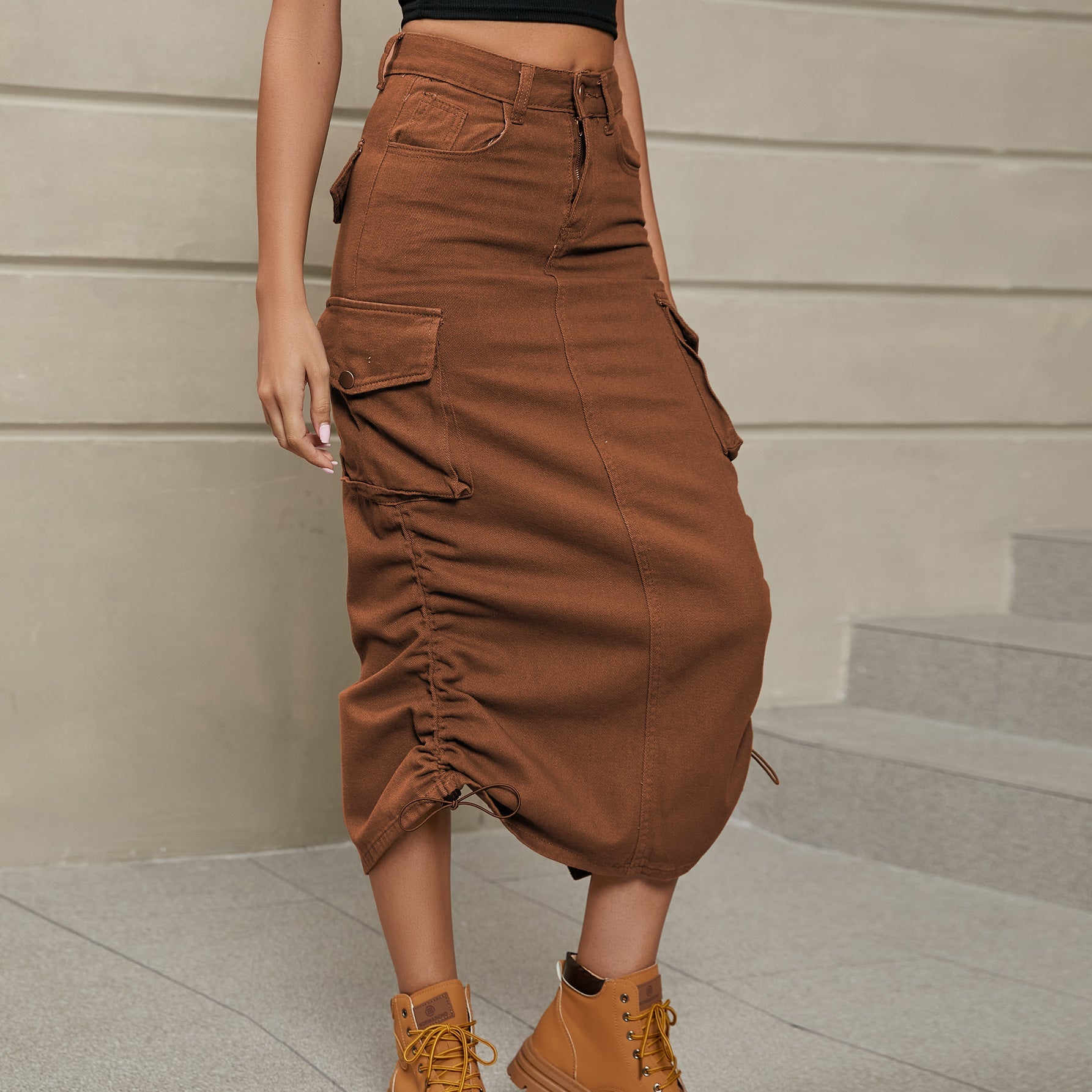 Drawstring Ruched Slit Denim Midi Skirt - Cowtown Bling N Things