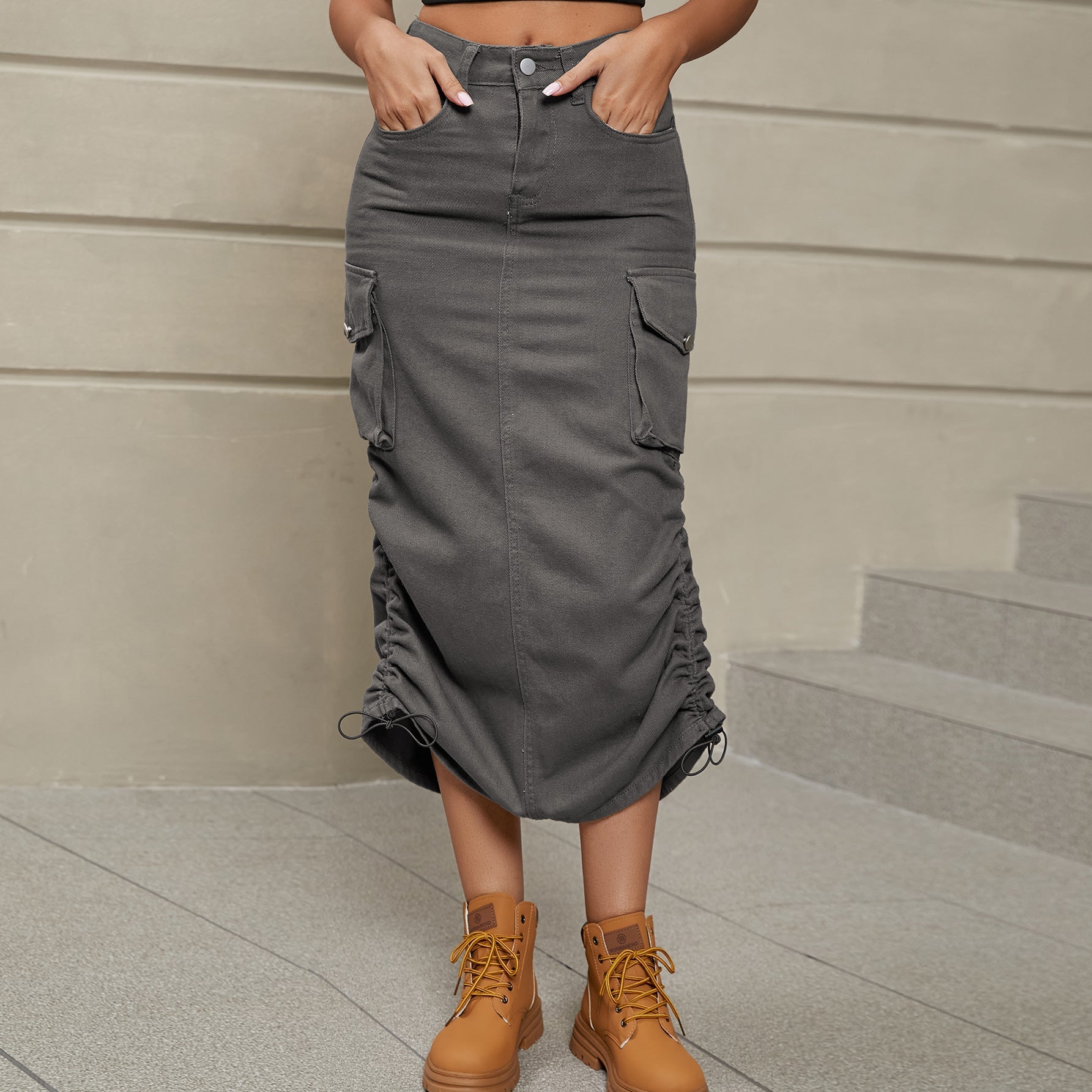 Drawstring Ruched Slit Denim Midi Skirt - Cowtown Bling N Things