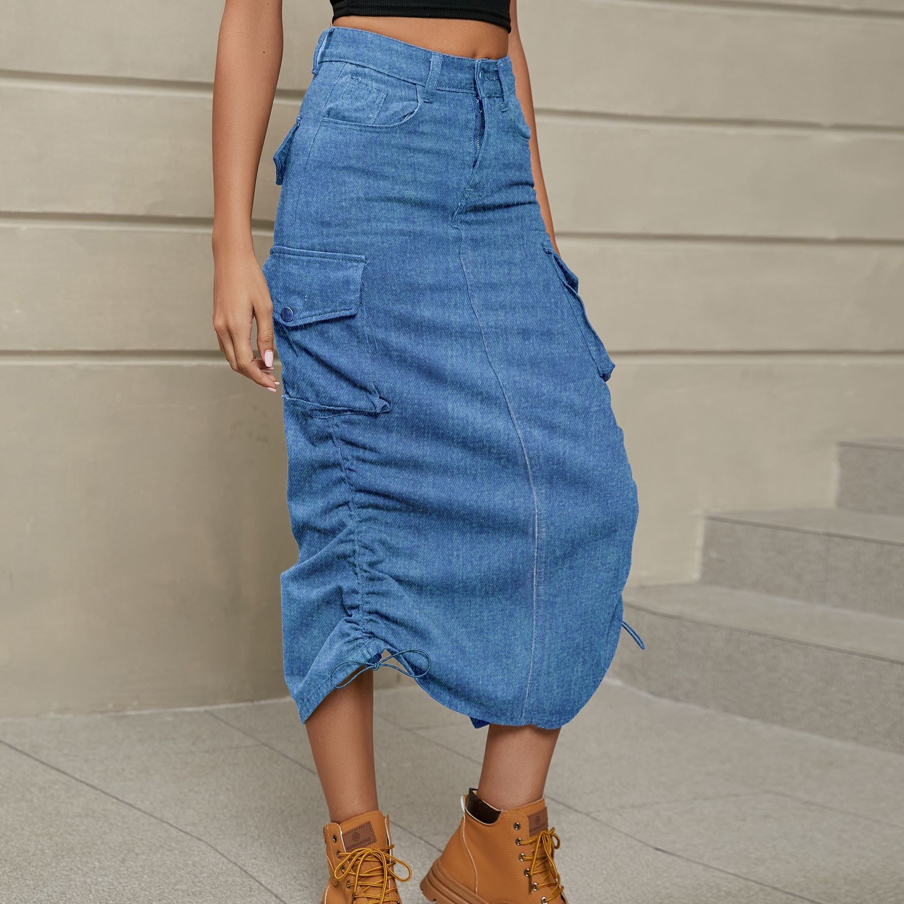 Drawstring Ruched Slit Denim Midi Skirt - Cowtown Bling N Things