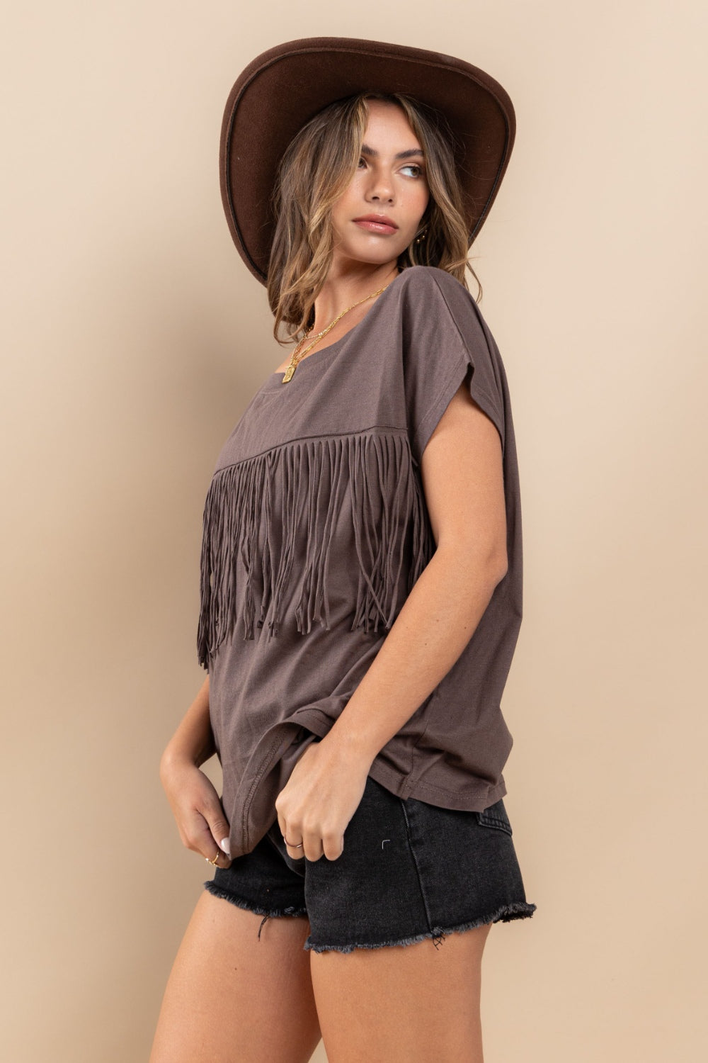 Ces Femme Fringe Detail Round Neck Short Sleeve Top - Cowtown Bling N Things