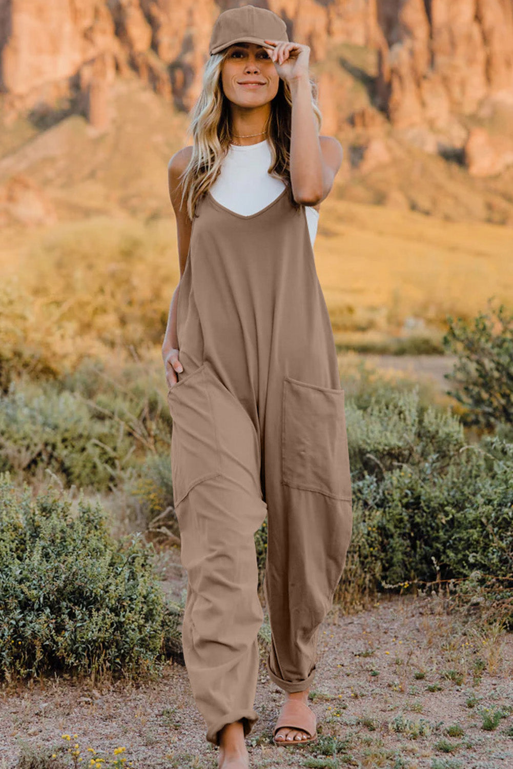 V-Neck Sleeveless Jumpsuit with Pocket - Cowtown Bling N Things