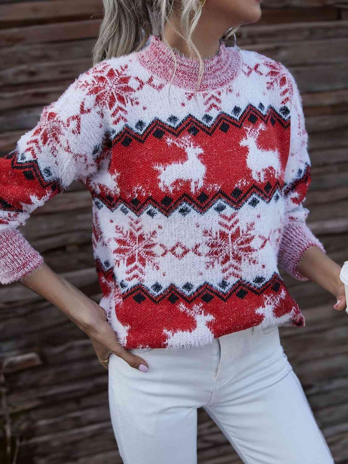 Reindeer & Snowflake Round Neck Sweater - Cowtown Bling N Things