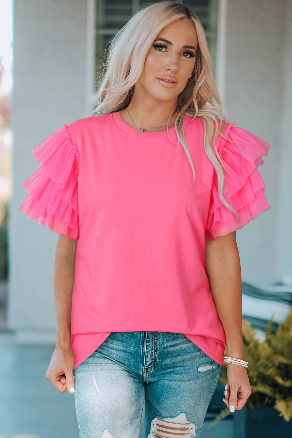 Layered Mesh Sleeve Round Neck Tee - Cowtown Bling N Things