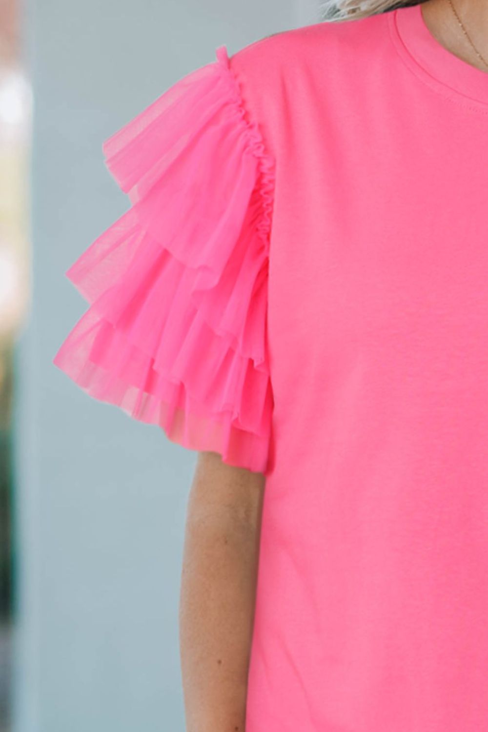 Layered Mesh Sleeve Round Neck Tee - Cowtown Bling N Things