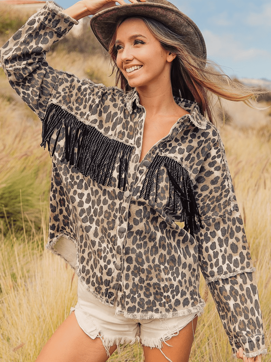 Leopard Fringe Detail Collared Neck Denim Jacket - Cowtown Bling N Things