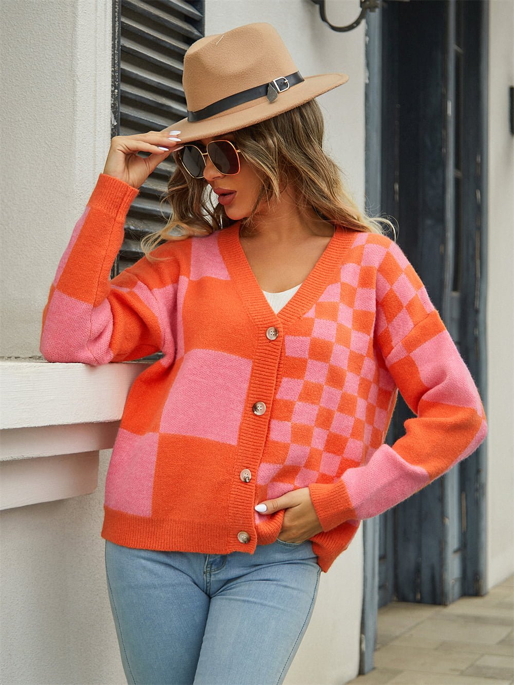 Plaid V - Neck Dropped Shoulder Cardigan - Cowtown Bling N Things