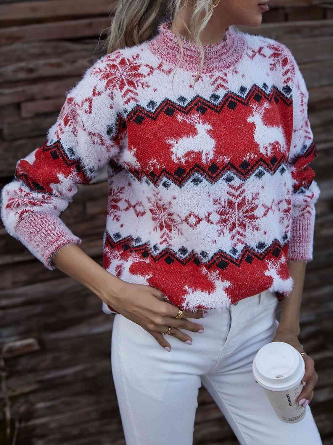 Reindeer & Snowflake Round Neck Sweater - Cowtown Bling N Things